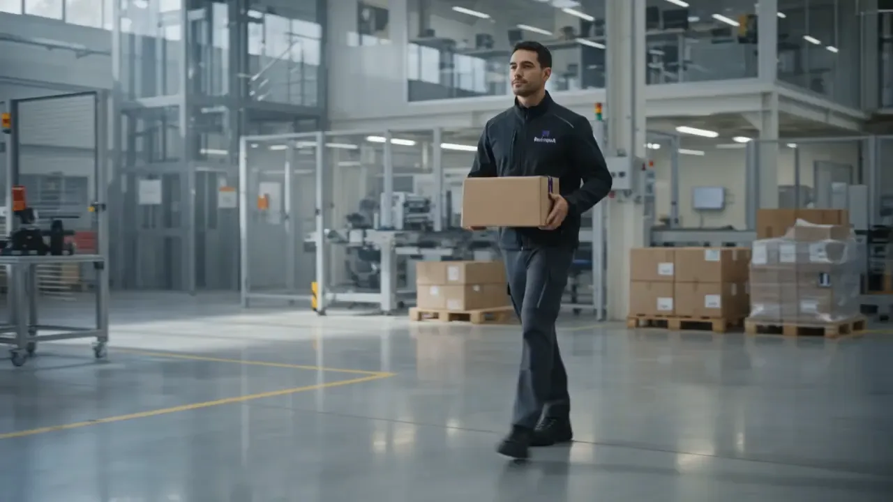 Courier de Rednapack cruzando una planta industrial con un paquete urgente en las manos