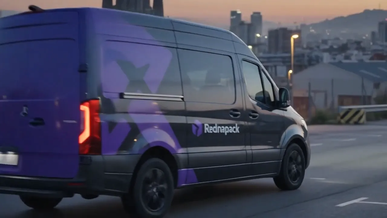 Courier de Rednapack cargando un envío urgente en Barcelona al anochecer