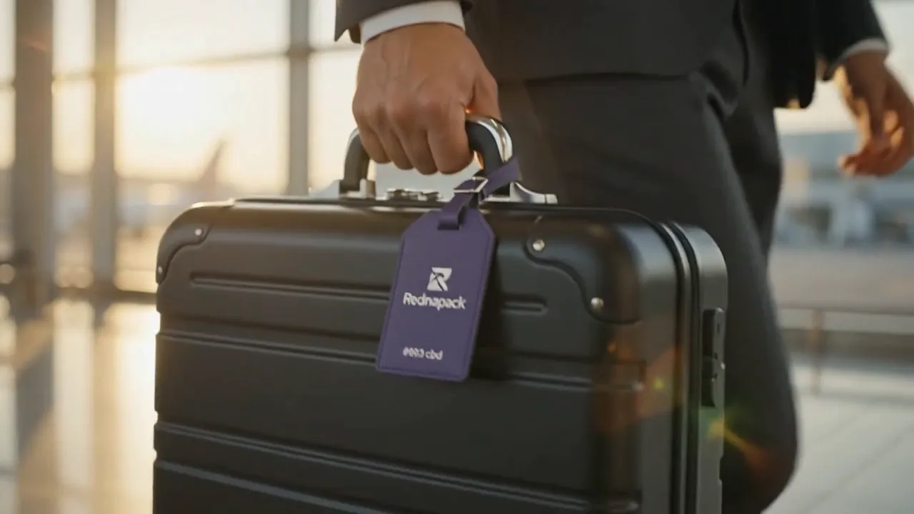Maleta de transporte con etiqueta de Rednapack en la mano de un courier en el aeropuerto, con un avión al fondo