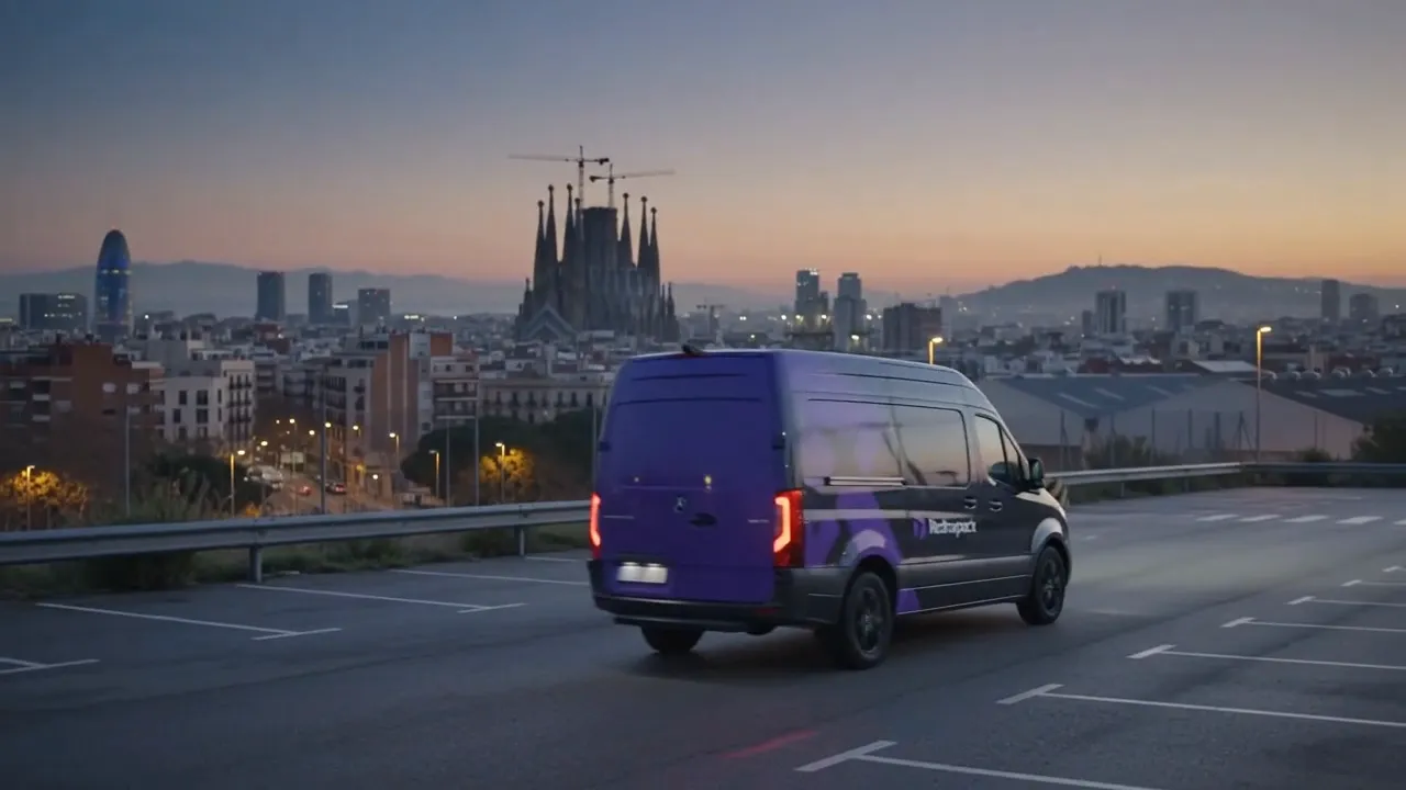 Furgoneta de Rednapack saliendo de Barcelona por carretera al amanecer, con la Sagrada Família al fondo