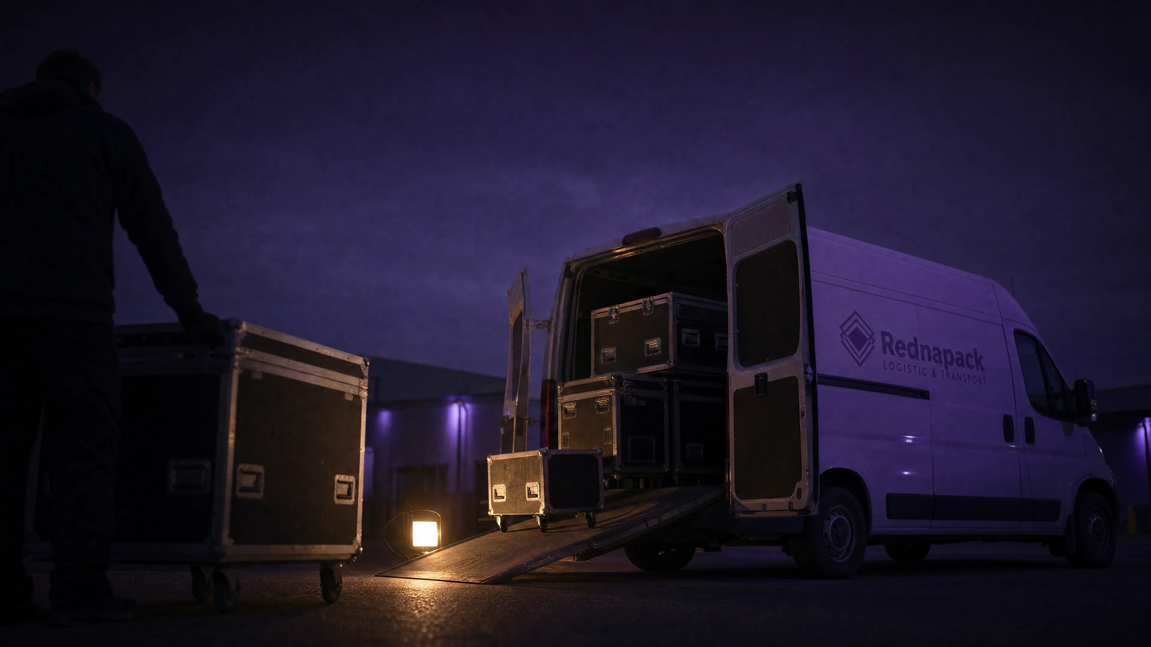 Carga nocturna de flight cases de rodaje en una furgoneta de Rednapack junto a un foco encendido